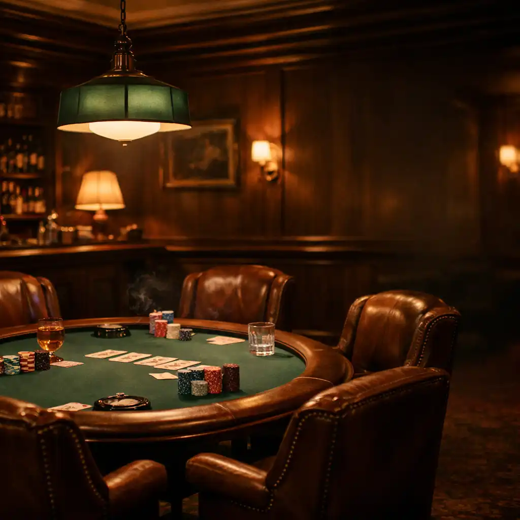 Elegancki card room w stylu lat 70. z ciemnym drewnem i skórzanymi fotelami