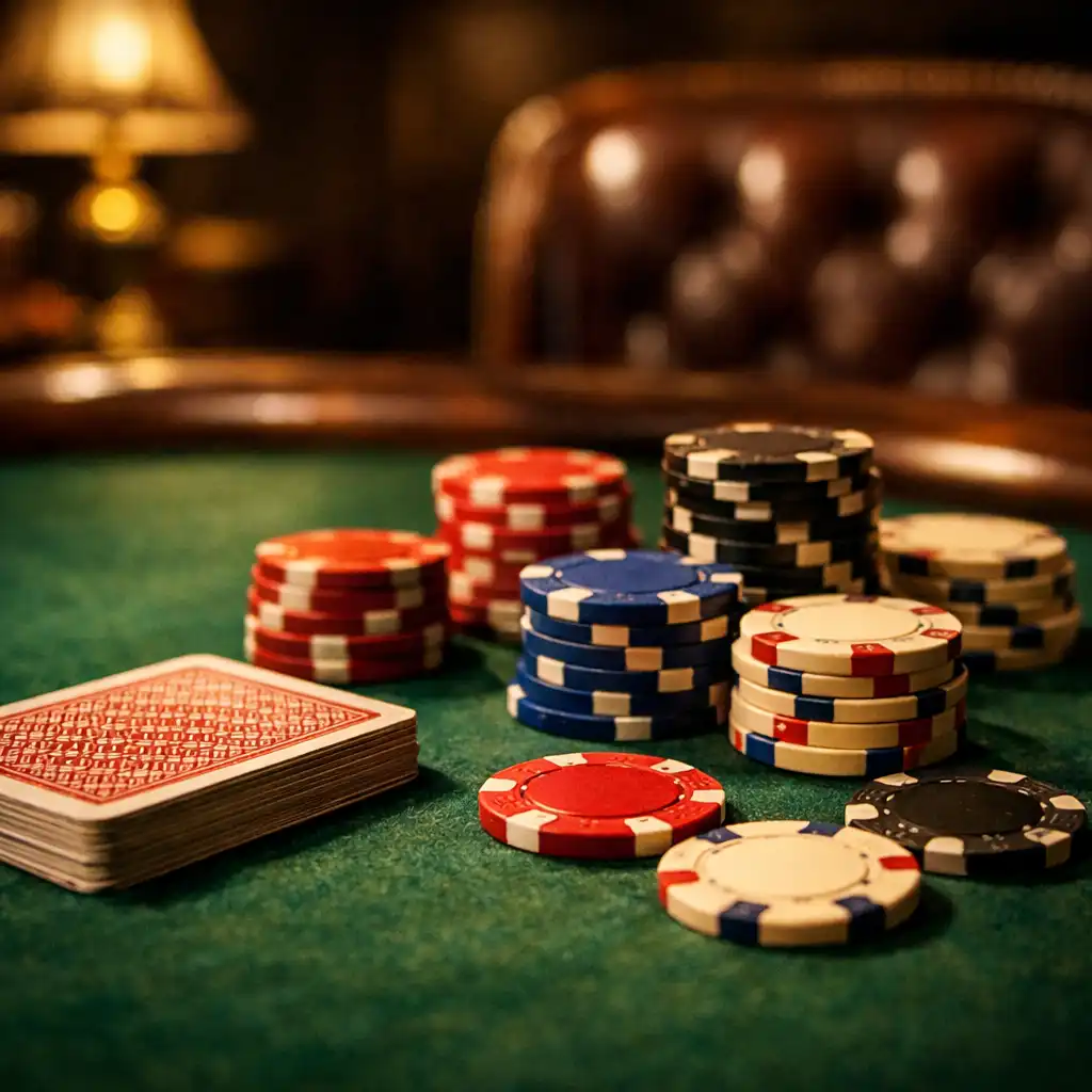 Stół pokerowy z zielonym suknem, żetonami i talią kart w ciemnym, eleganckim wnętrzu