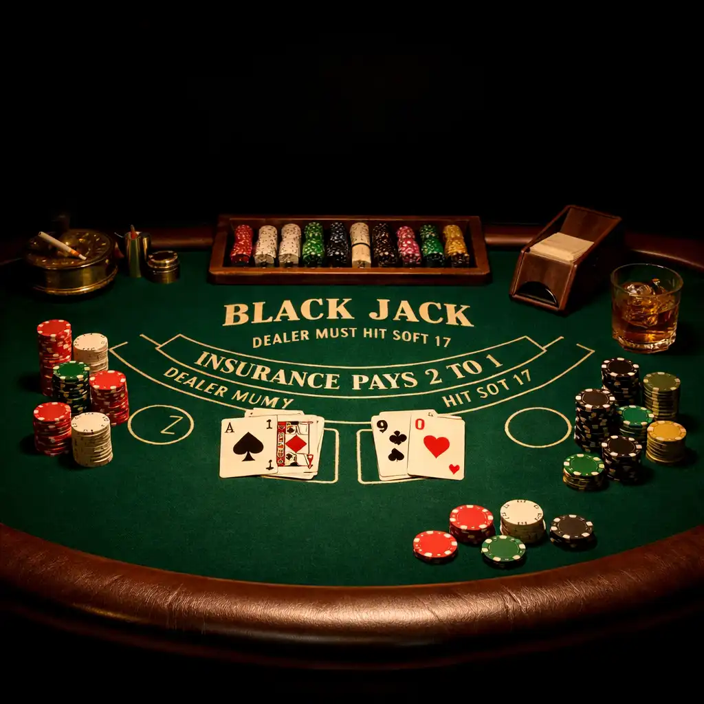 Stół do blackjacka w Miejs Kistyl z zielonym suknem, żetonami i kartami