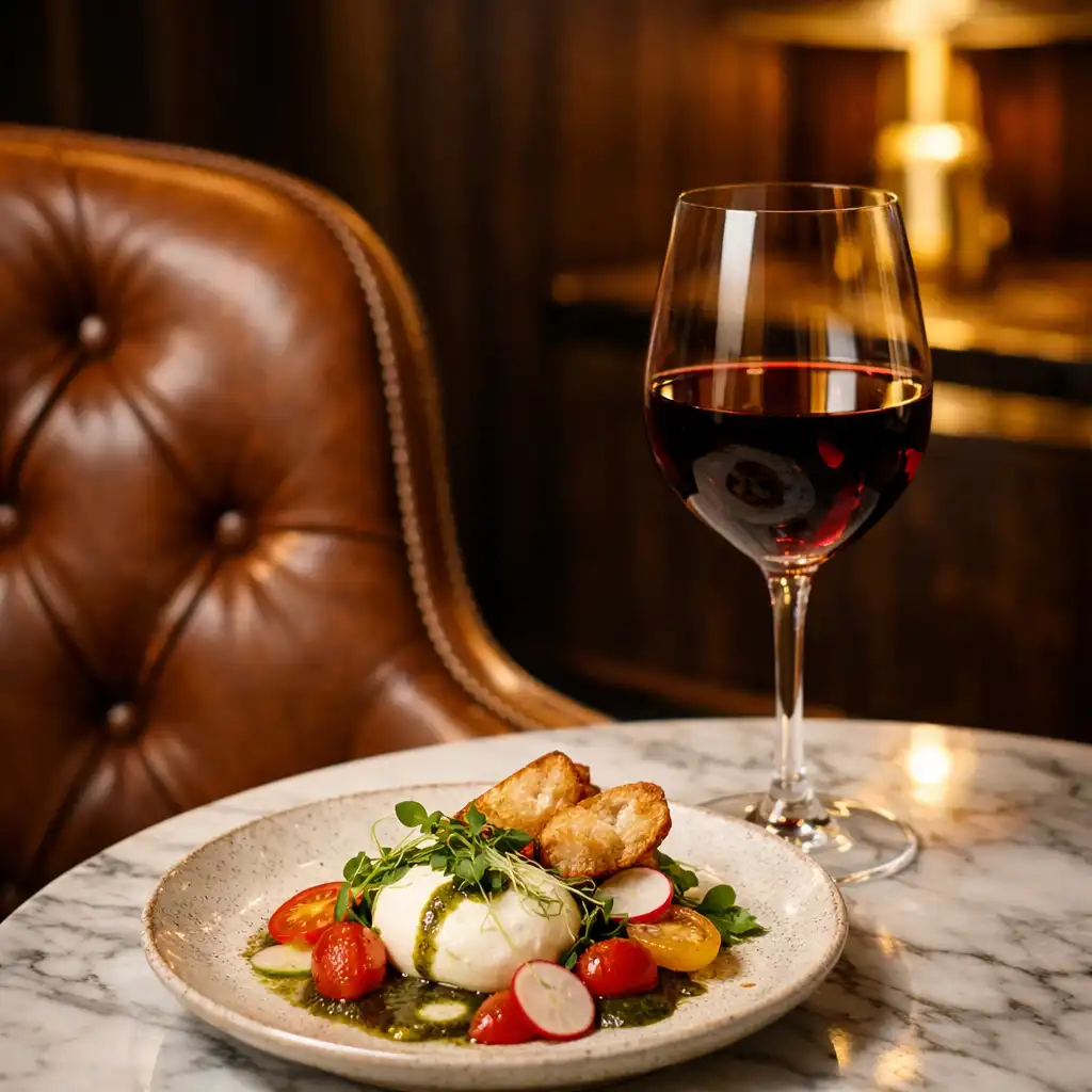 Detal wnętrza restauracji: skórzany fotel, marmurowy stolik i kieliszek wina