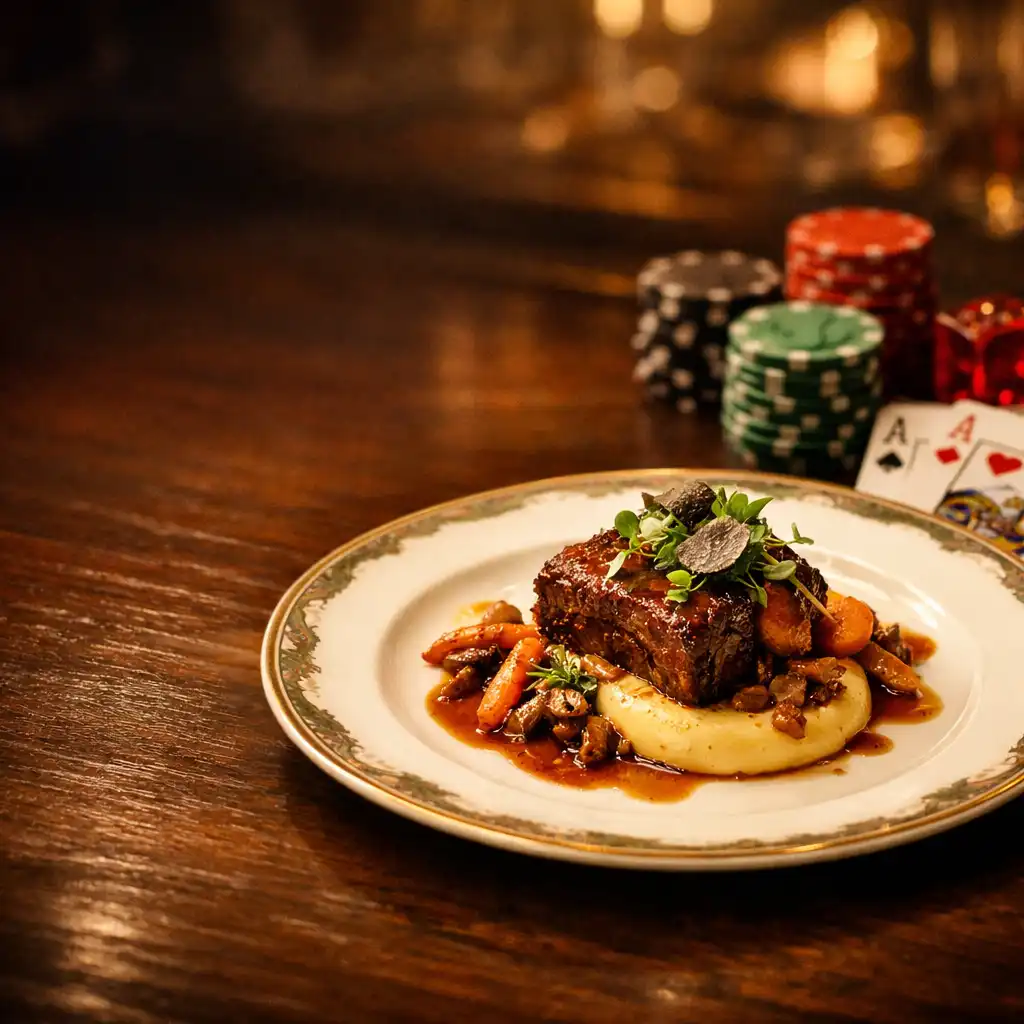 Danie fine dining na eleganckim stole obok żetonów i kart