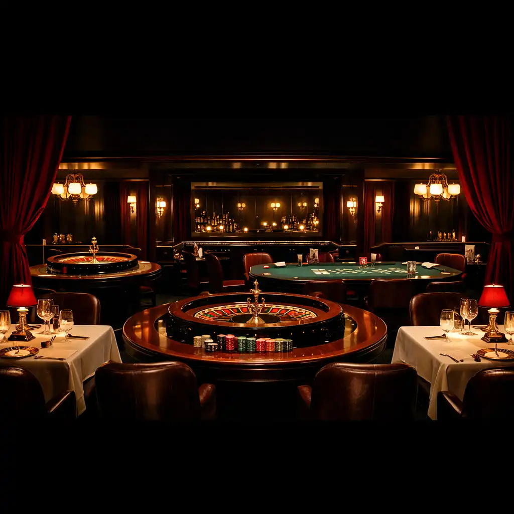 Elegancka restauracja Miejs Kistyl z elementami kasyna w stylu lat 70., stół do ruletki i pokerowy w tle