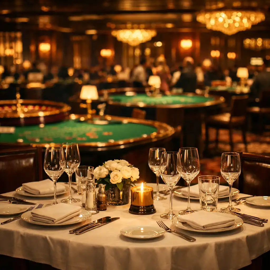 Elegancko nakryty stół w restauracji Miejs Kistyl z widokiem na kasyno w tle