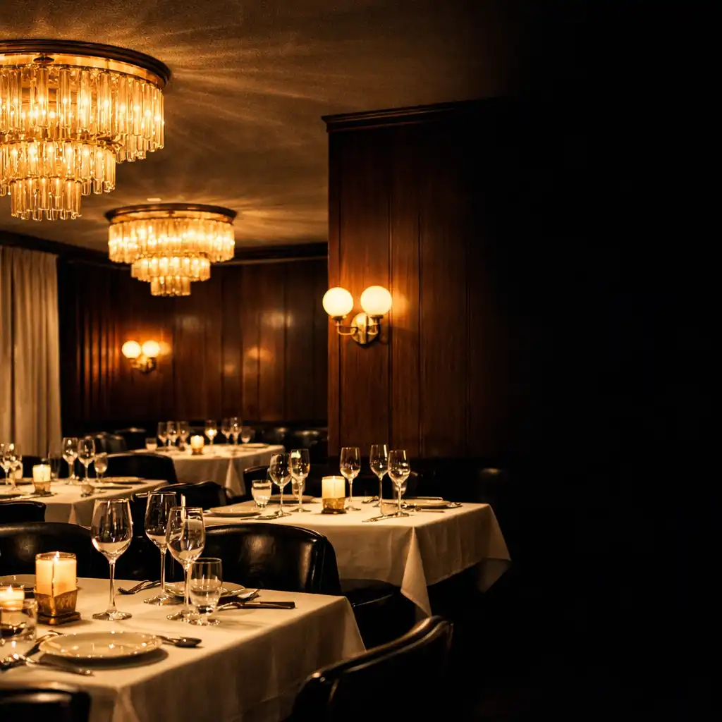 Elegancka sala restauracyjna Miejs Kistyl z ciemnymi panelami, skórzanymi krzesłami i złotymi żyrandolami