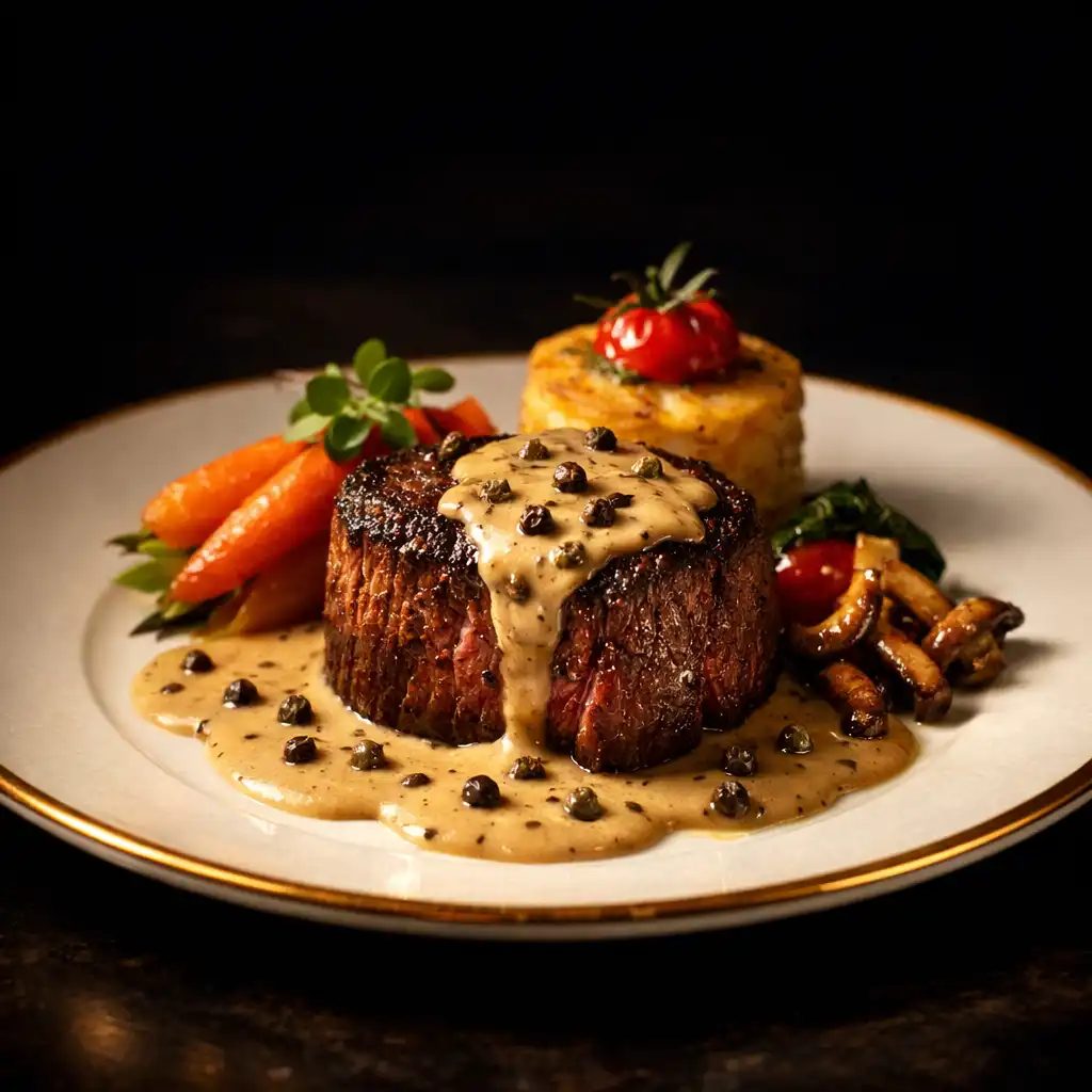 Wykwintne danie fine dining – stek z polędwicy wołowej z sosem pieprzowym na eleganckim talerzu
