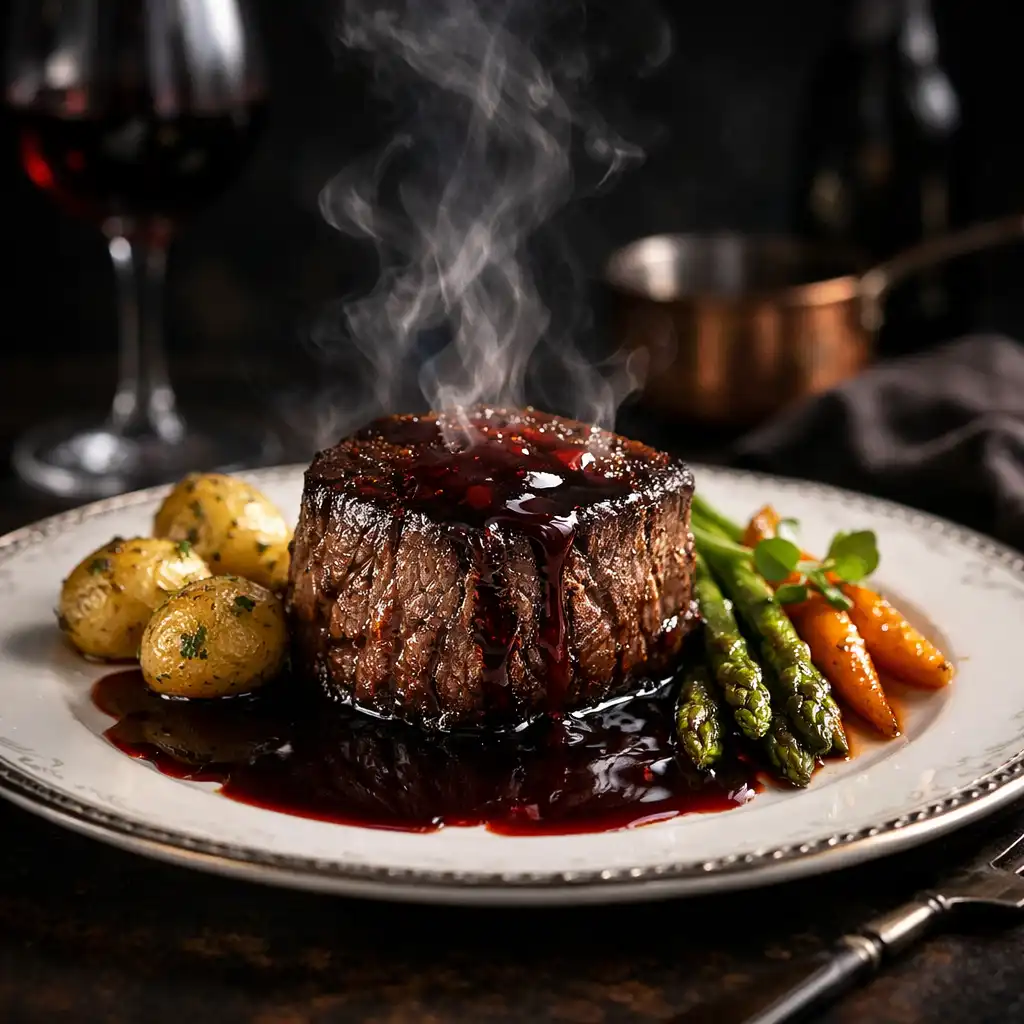 Stek z polędwicy z sosem z czerwonego wina, danie główne w restauracji Miejs Kistyl